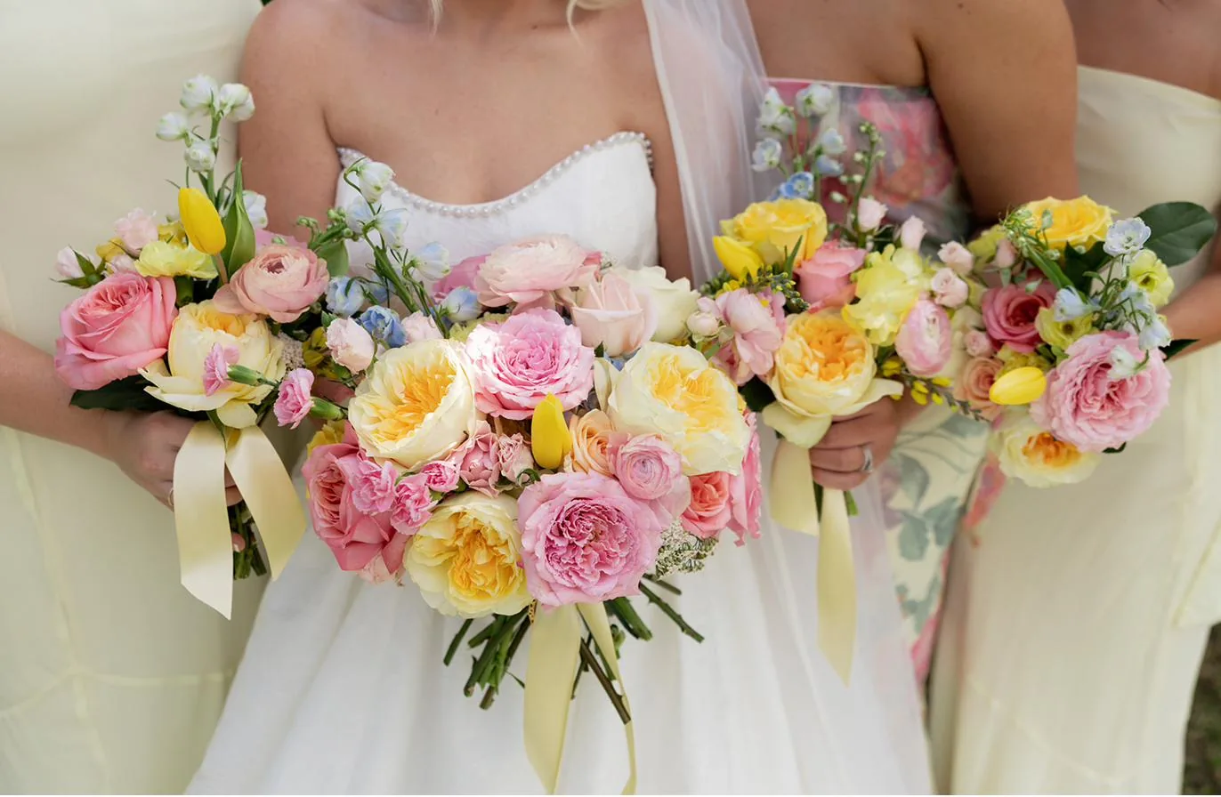 Pastel garden bouquets in pink and yellow at Gateley Hill Gardens