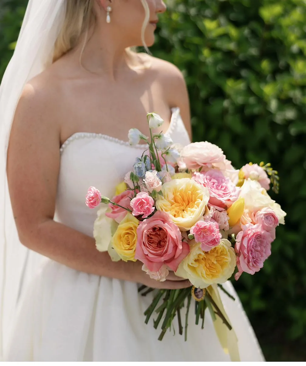 Bailey's bridal bouquet of garden roses at Gateley Hill Gardens