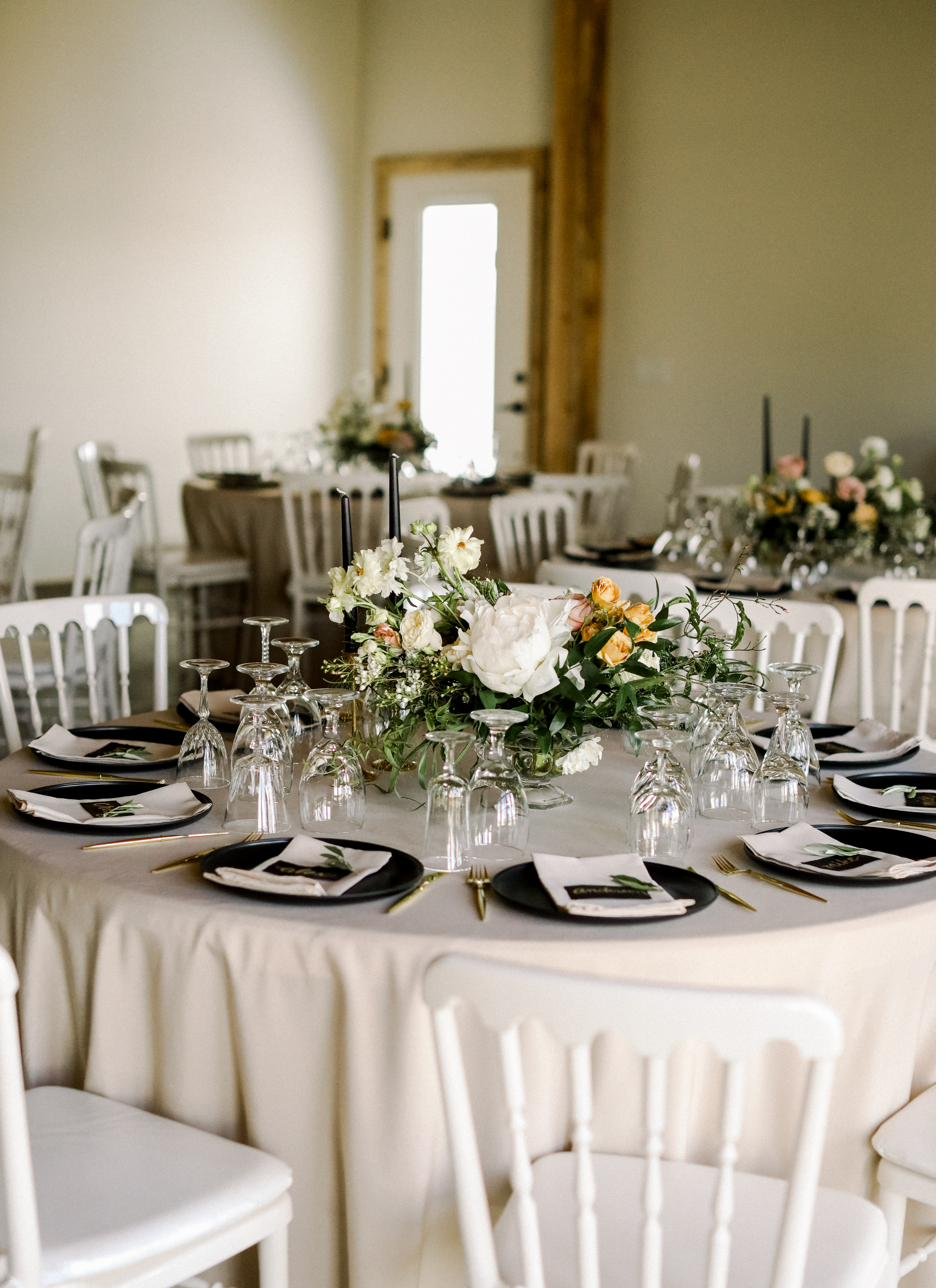 Reception hall tablescape with florals at Gateley Hill Gardens